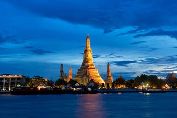 Wat Arun Temple with river in twilight Bangkok Thailand 