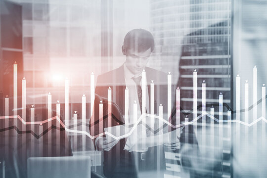 Bar graph on the background of a business center with a manager at the window