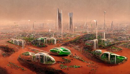 Mars settlement colony and the Terraforming of Mars, conceptual illustration - obrazy, fototapety, plakaty