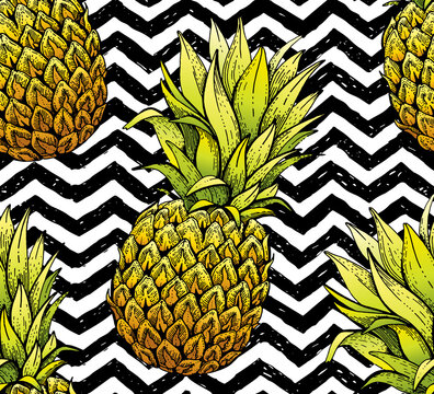 Pineapple seamless pattern, hand drawn doodle texture. Textile print for apparel. Handmade line ananas, grunge stripe background. Handdrawn vector illustration isolated on zig zag white background