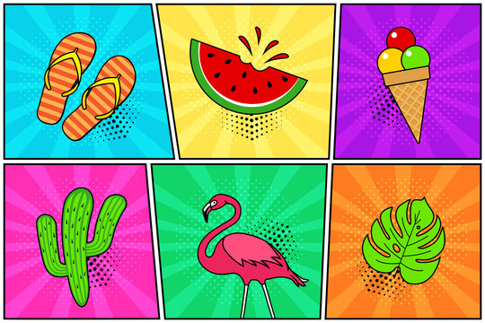 Comic summer vector icon, colorful humor banner in pop art style. Cartoon flip flop, watermelon, ice cream cone, cactus, flamingo, leaf palm. Fun illustration - Powered by Adobe