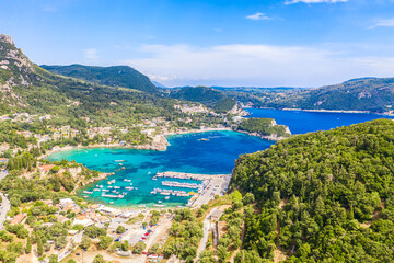 Fototapeta na wymiar Aerial drone view of famous Paleokastritsa beach resort on Corfu island, Greece
