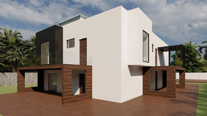 Diseño moderno de una vivienda aislada rodeada de vegetación