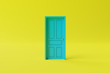 The closed yellow door on a yellow background. The concept of making decisions, entering new places, crossing borders. 3d render, 3d illustrator