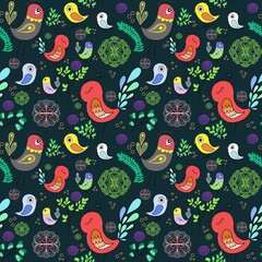 A hand-drawn drawing of singing birds on a dark background, children's doodles is an endless background for fashionable design of textile fabrics or web wallpapers