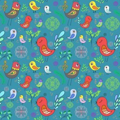 Seamless bright multi-colored pattern of birds in love and flowers on a light background. Design template for wallpaper, fabric or web page.