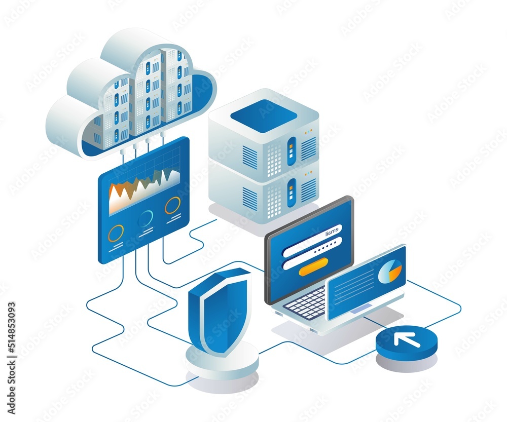 Poster Flat concept isometric illustration web server and cloud security