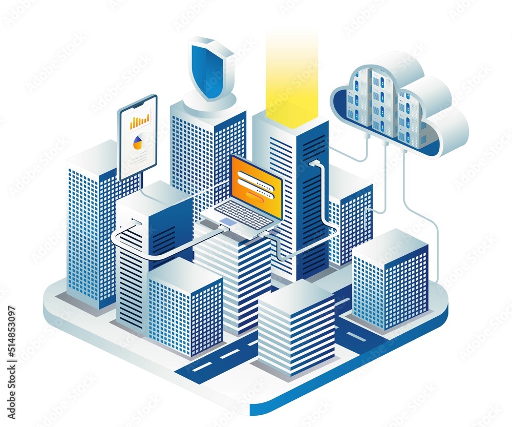 Poster City building with computer server cloud security