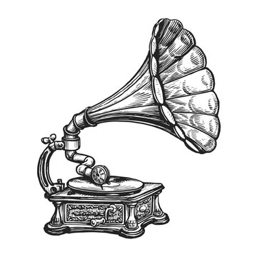 Old retro gramophone with vinyl record. Phonograph, vintage music player. Musical instrument drawn in engraving style