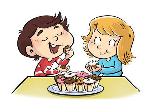 Illustration of children eating sweets at the table