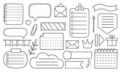 Hand drawn bullet journal doodle. Set of notes, ribbons, frames, stickers for bullet journal, notebook, diary and planner. Vector illustration isolated on white background. - obrazy, fototapety, plakaty