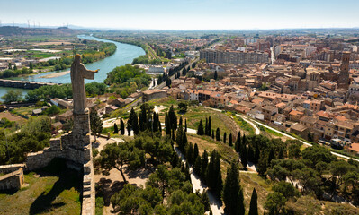 Aerial cityscape of Tudela with view of Monument to Sacred Heart of Jesus.