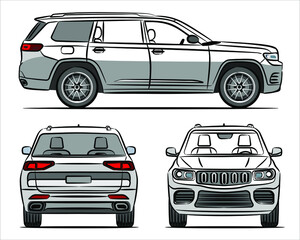 Modern suv car abstract silhouette on white background.  A hand drawn line art of a sedan car. Side, front, rear view of a crossover vehicle isolated on white background. - obrazy, fototapety, plakaty