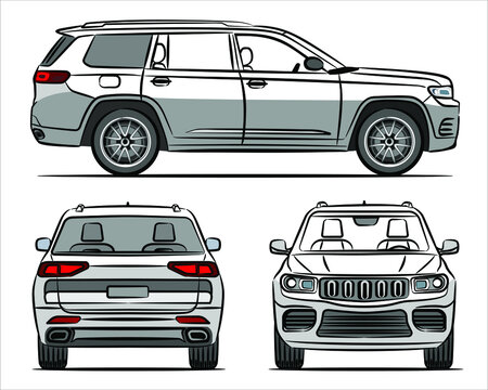 Modern Suv Car Abstract Silhouette On White Background.  A Hand Drawn Line Art Of A Sedan Car. Side, Front, Rear View Of A Crossover Vehicle Isolated On White Background.