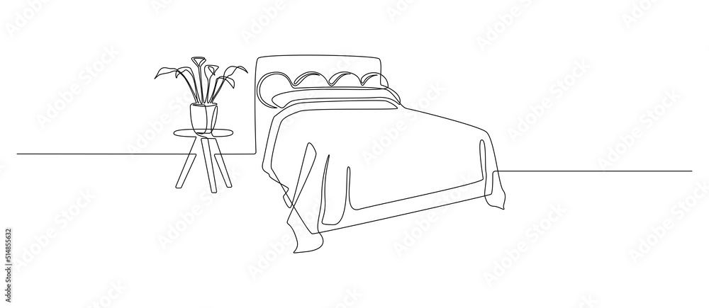 Poster continuous one line drawing of double bed and table with potted plant. modern scandinavian interior 
