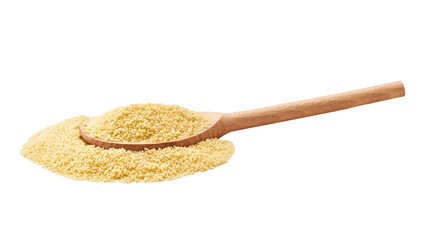 dry couscous crumble from a wooden spoon isolated on white background.