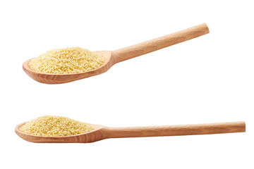 wooden spoon with couscous isolated on white background.