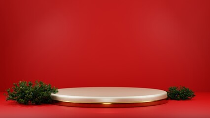 Pedestal of platform display with modern stand podium on red room background. Blank Exhibition stage backdrop or empty product shelf. 3D rendering