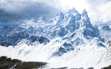 Fototapeta na wymiar Snowy mountain landscape. Winter slopes of mountains. Gloomy clouds over snowy mountains. Winter mountain gorge, ice, snow, fog, cold. 3D illustration