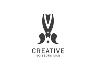 Scissors Man Logo. Geometric Shape Scissor with Tie Icon Isolated on White Background. Usable Barbershop, Business and Branding Logos. Flat Vector Design Template Element