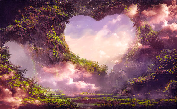 Fantasy forest landscape, neon sunset, love island, clouds, fabulous mystical forest for lovers. Cave in the shape of a heart. 3d illustration.