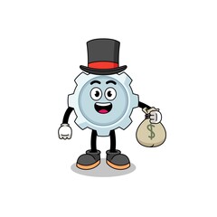 gear mascot illustration rich man holding a money sack