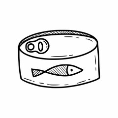 Tin can with fish. Vector doodle illustration. Sketch. - obrazy, fototapety, plakaty