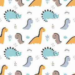 Cute seamless dino pattern. Endless wallpaper in nursery. Printing on fabric and wrapping paper. Illustration for baby.