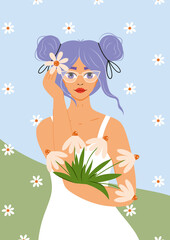 Naklejka na ściany i meble Beautiful girl with purple hair holds bouquet of daisies in her hands. Woman with glasses. Interior poster. Summer flower illustration.