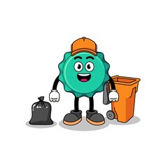 Illustration of bottle cap cartoon as a garbage collector