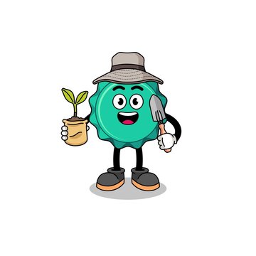 Illustration of bottle cap cartoon holding a plant seed