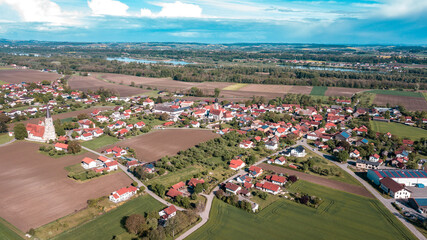 Fototapeta na wymiar Drone photography of a bavarian village in germany, Bad Fussing, Aigen, Passau