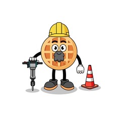 Character cartoon of circle waffle working on road construction