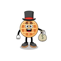 circle waffle mascot illustration rich man holding a money sack