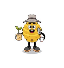 Illustration of bee hive cartoon holding a plant seed