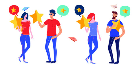 Customer reviews rating, Different people give a review rating and feedback, Support for business satisfaction. Vector illustration.