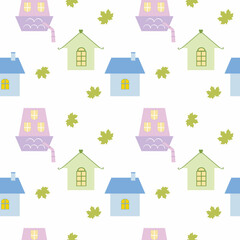 Fototapeta premium Seamless background of houses and maple leaves on a white background. Children's vector cartoon illustration, pattern. Wallpaper for children's room, textiles, clothing, drawing for a book, cover
