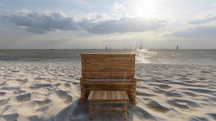 Fototapeta na wymiar wood piano on the beach