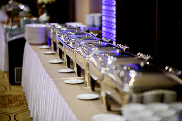 buffet food, catering food party at restaurant, mini canapes, snacks and appetizers
