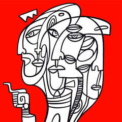 Drawing of faces, fashion minimalist concept, vector illustration. Modern fashionable pattern.