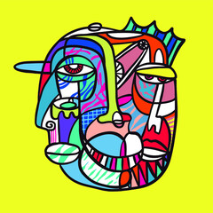 Drawing of faces, fashion minimalist concept, vector illustration. Modern fashionable pattern.