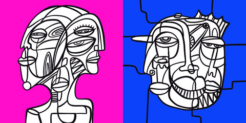 Drawing of faces, fashion minimalist concept, vector illustration. Modern fashionable pattern.