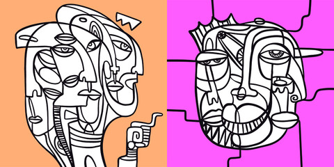 Drawing of faces, fashion minimalist concept, vector illustration. Modern fashionable pattern.