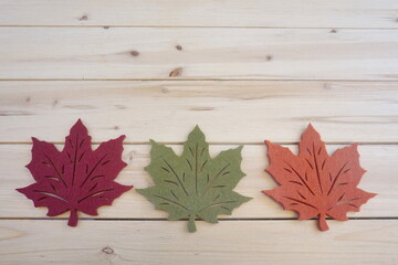 Naklejka na ściany i meble Maroon, Green and Rust Colored Felt Maple Leaves on Natural Wood Paneling with Room for Text