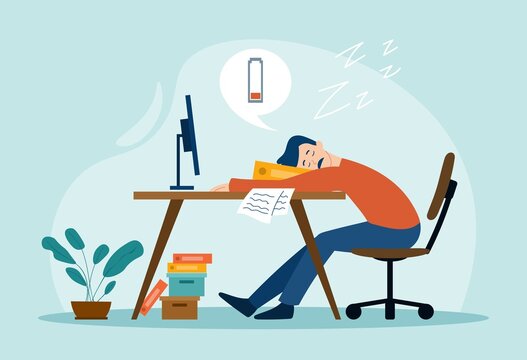 Work burnout concept. Man sleeps in front of computer monitor, lazy character in workplace. Overworked guy, poor time management and deadline pressure metaphor. Cartoon flat vector illustration