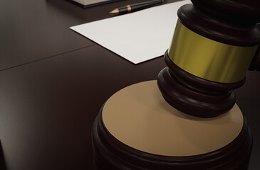 Justice and law concept. Close-up of Gavel and book on table. Law and justice symbols. 3D render.