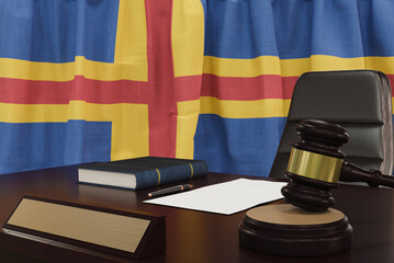 Law and justice concept,  gavel on a wooden desktop and the Aland Islands flag on background. 3d render.