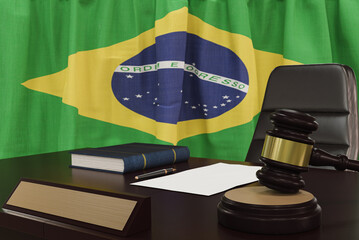 Law and justice concept,  gavel on a wooden desktop and the Brazilian flag on background. 3d render.