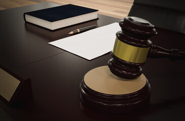 Justice and law concept. Gavel and book on table. Law and justice symbols. 3D render.