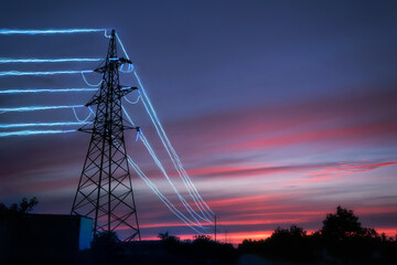 Electricity transmission towers with glowing wires against the sunset sky background. - obrazy, fototapety, plakaty
